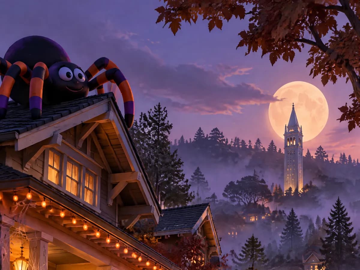 Berkeley street decorated for Halloween trick-or-treating, with a giant spider and jack-o'-lanterns
