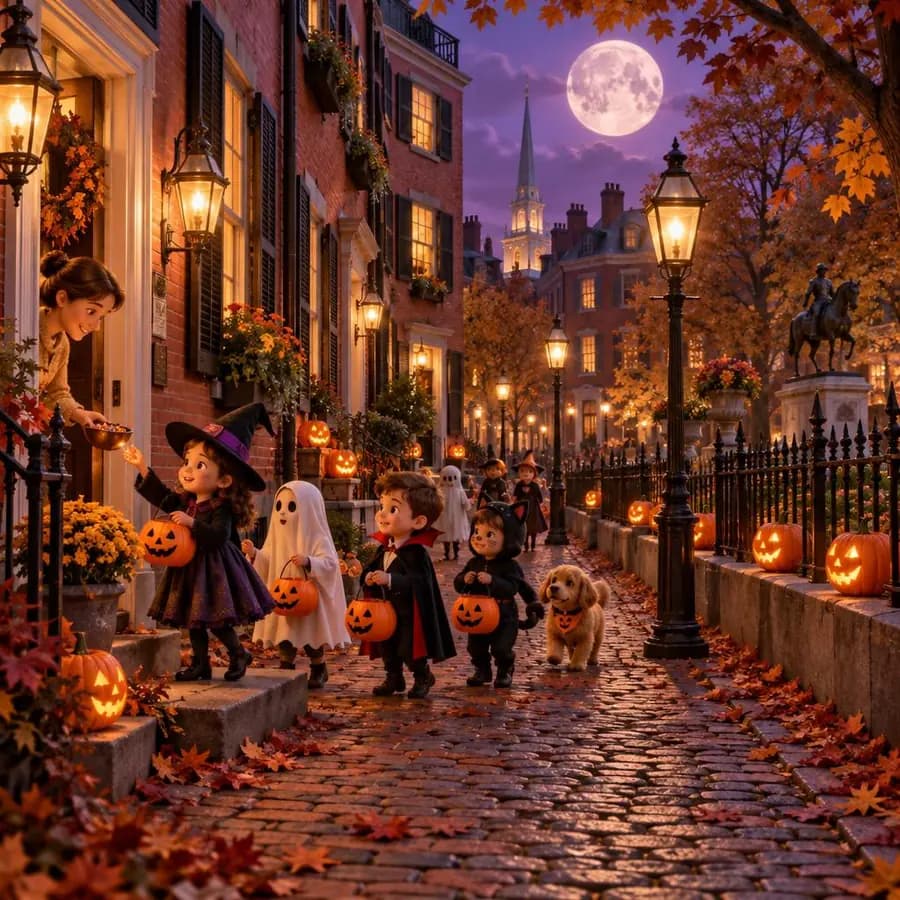 Beacon Hill in Boston on Halloween: gas lamps, brick row houses and kids trick-or-treating on a cobblestone street