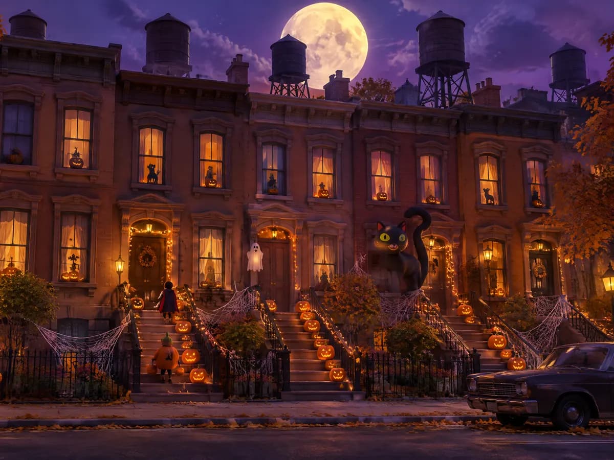 Brooklyn brownstones decorated for Halloween trick-or-treating, with jack-o'-lanterns on every stoop