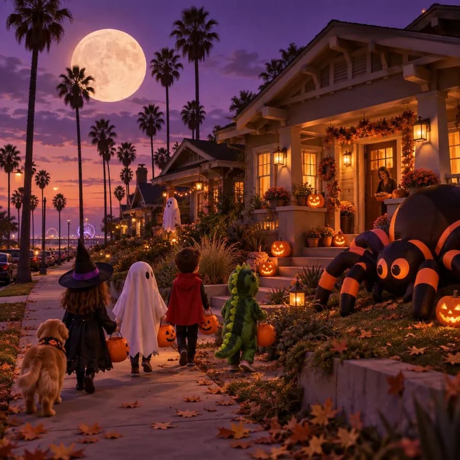 Los Angeles craftsman bungalows under palm trees on Halloween, with a giant spider on a lawn