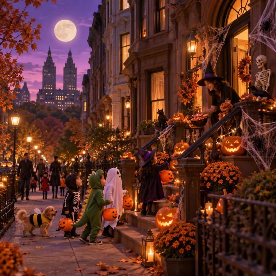 Upper West Side brownstones in Manhattan on Halloween, stoops full of pumpkins and cobwebs