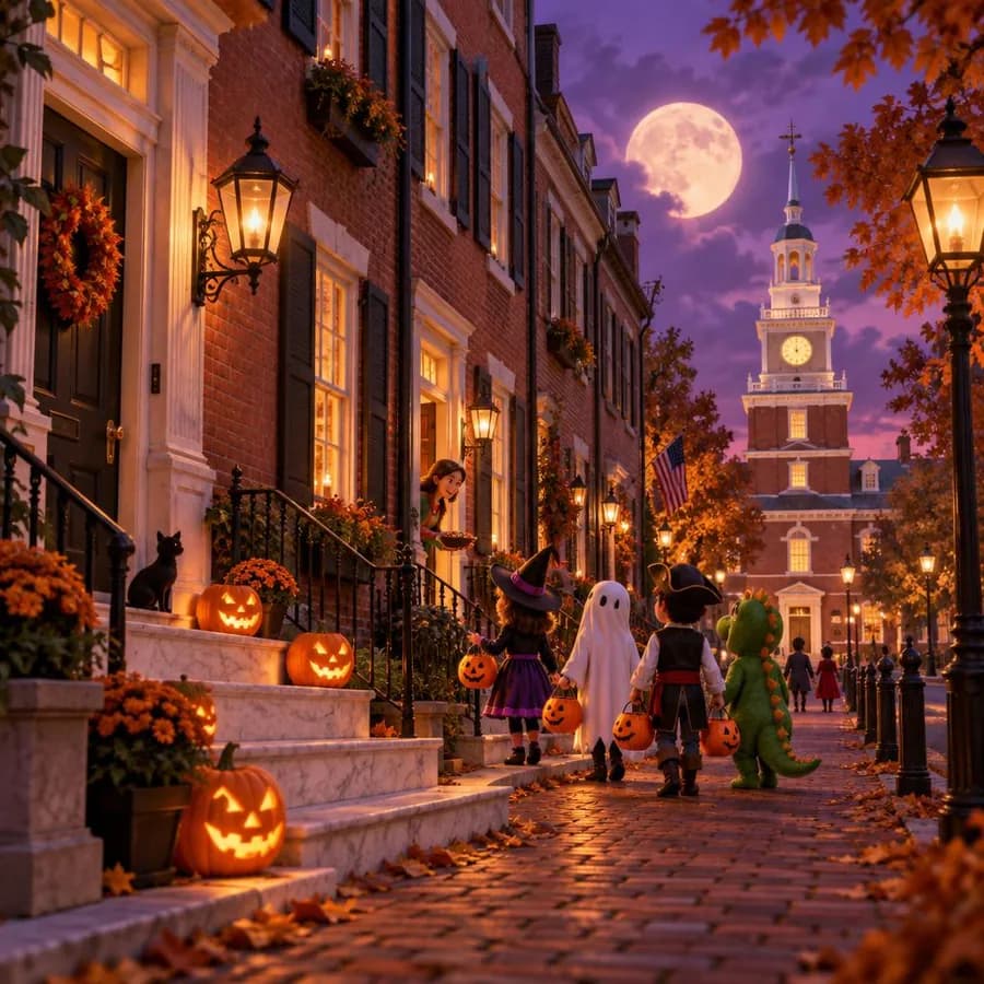 Society Hill in Philadelphia on Halloween, with marble stoops, jack-o'-lanterns and Independence Hall's tower