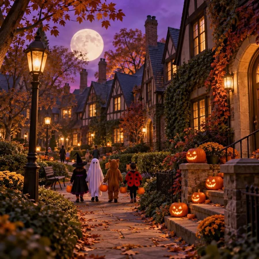 Tudor houses in Forest Hills Gardens, Queens, with lamp-lit paths and kids in costumes