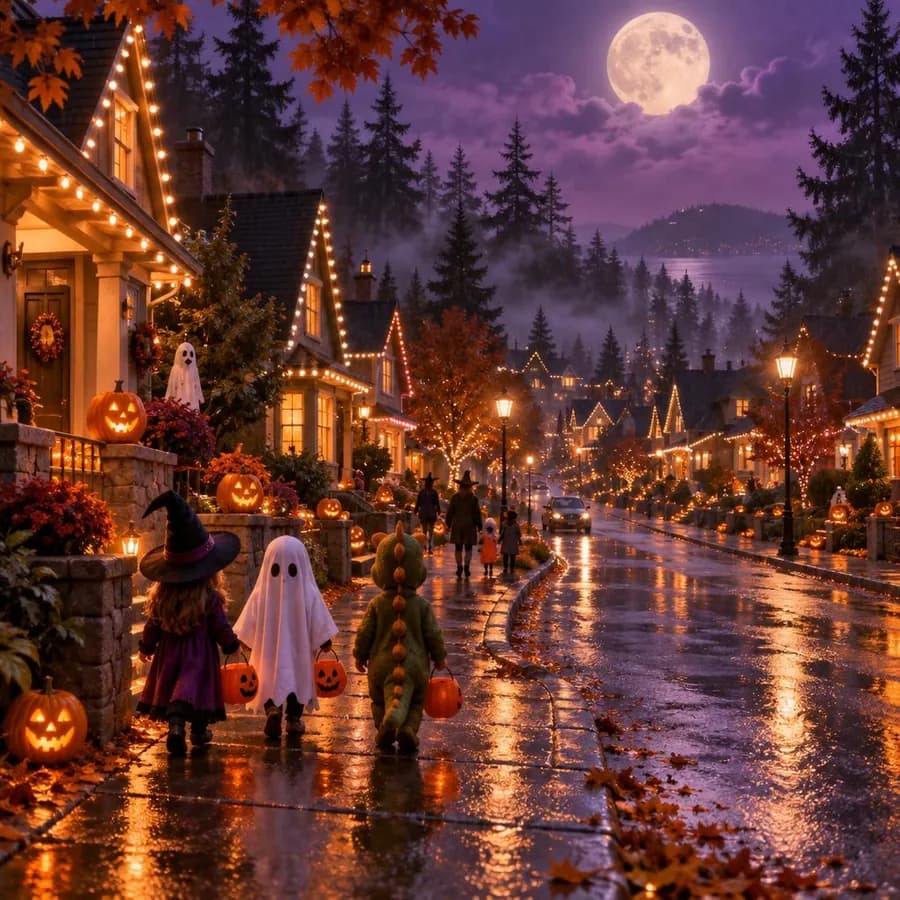Candy Corn Lane in Seattle: houses strung with lights on a rainy Halloween night among evergreens