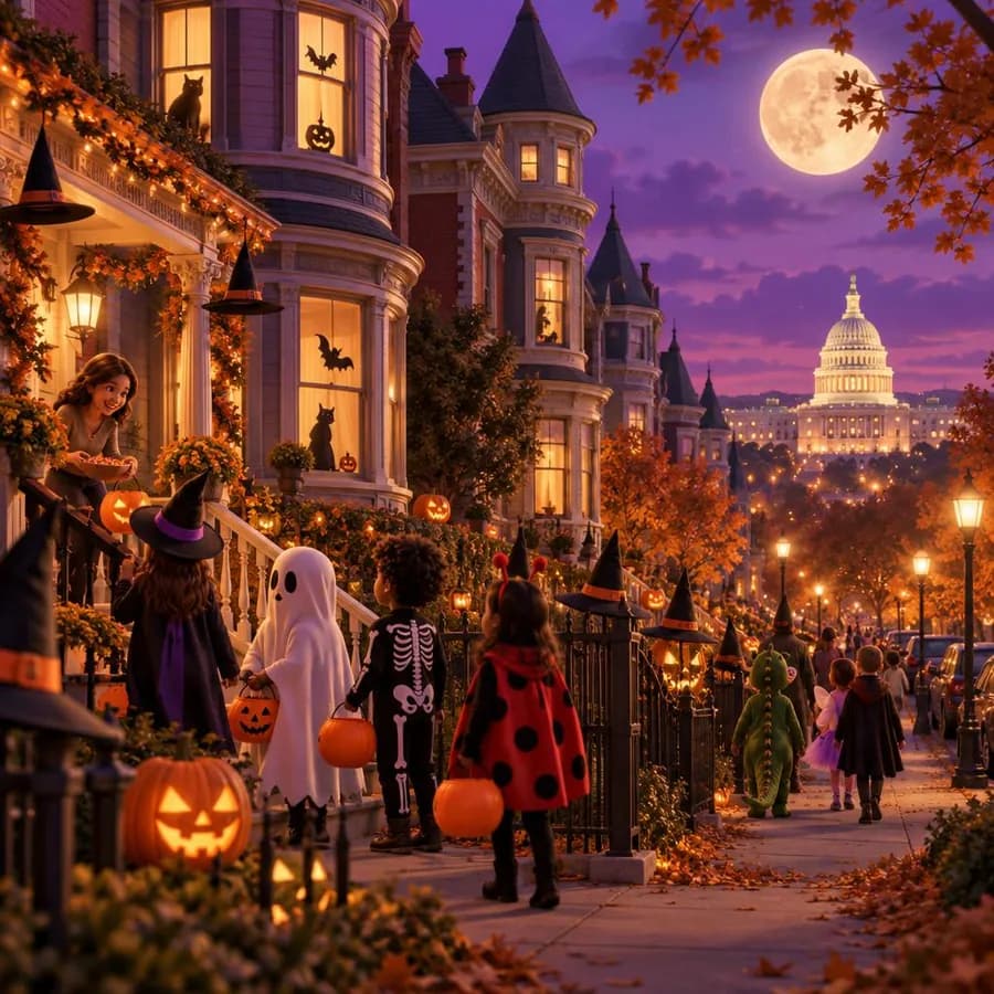 Capitol Hill row houses in Washington DC decorated for Halloween, with the Capitol dome lit up behind