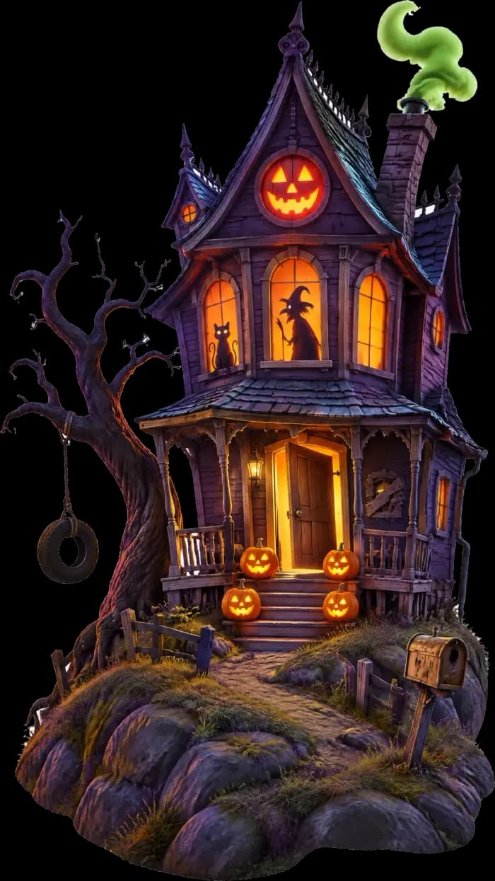 Haunted house decorated for Halloween trick-or-treating, with glowing windows and jack-o'-lanterns on the steps